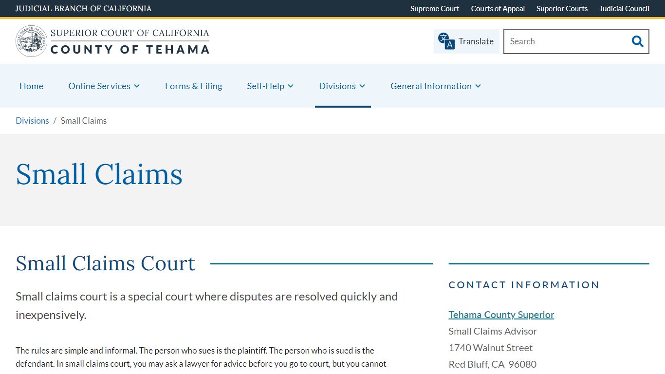Small Claims | Superior Court of California, County of Tehama